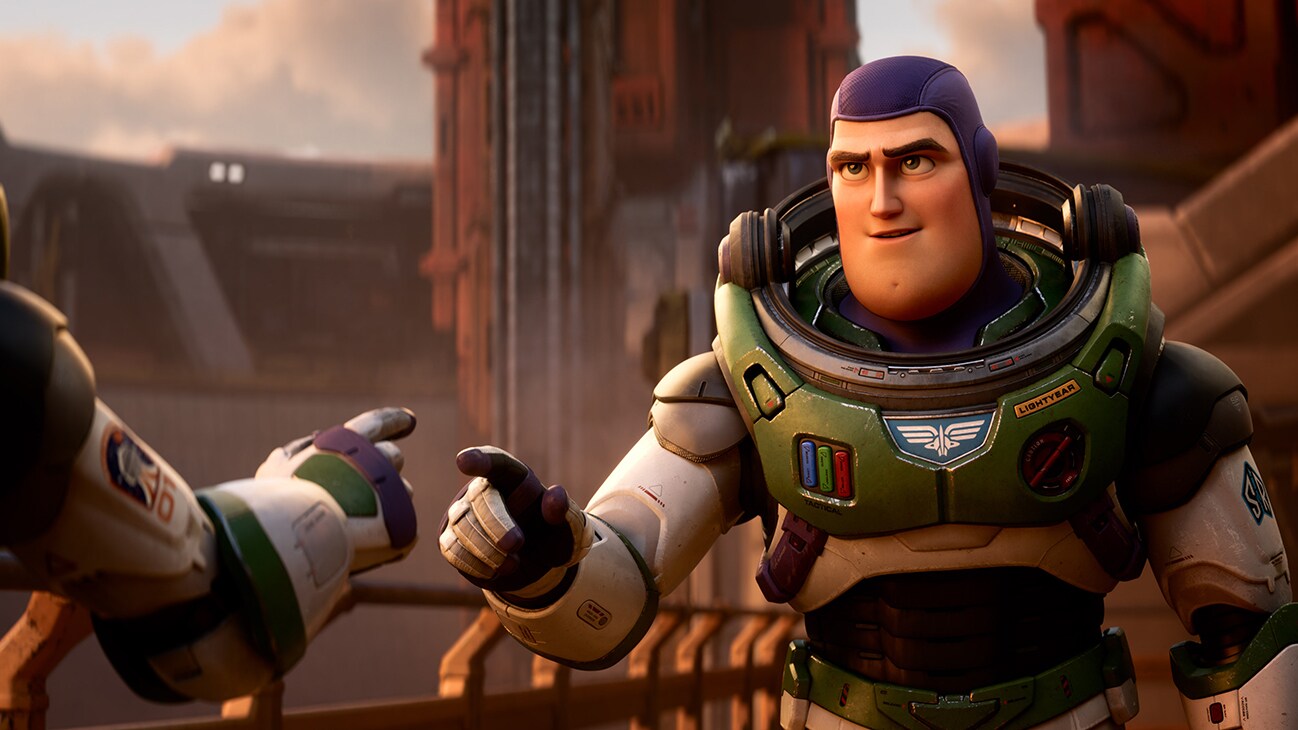 Image of Buzz Lightyear pointing his gloved finger (voiced by actor Chris Evans) from the Disney•Pixar movie, "Lightyear".