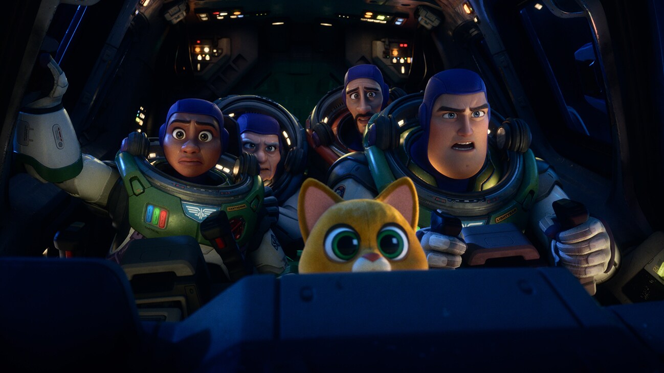 Izzy Hawthorne (voiced by actor Keke Palmer), Sox (voiced by actor Peter Sohn), Mo Morrison (voiced by actor Taika Waititi), Darby Steele (voiced by actor Dale Soules), and Buzz Lightyear (voiced by actor Chris Evans) from the Disney•Pixar movie, "Lightyear".