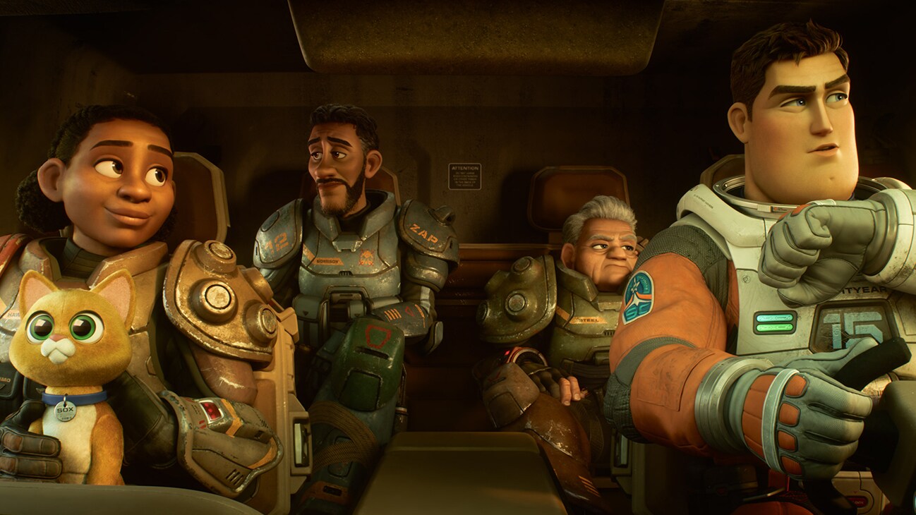 Izzy Hawthorne (voiced by actor Keke Palmer), Sox (voiced by actor Peter Sohn), Mo Morrison (voiced by actor Taika Waititi), Darby Steele (voiced by actor Dale Soules), and Buzz Lightyear (voiced by actor Chris Evans) from the Disney•Pixar movie, "Lightyear".