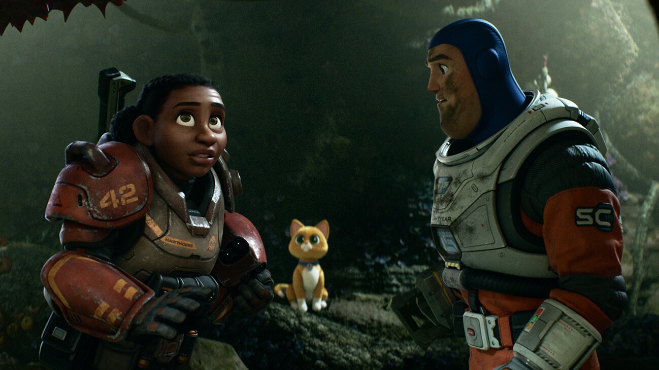 Izzy Hawthorne (voiced by actor Keke Palmer), Sox (voiced by actor Peter Sohn), and Buzz Lightyear (voiced by actor Chris Evans) from the Disney•Pixar movie, "Lightyear".