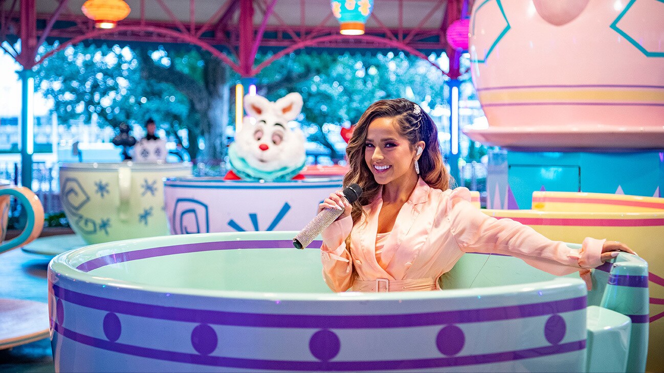 Singer, songwriter, and actress Becky G performs from the Mad Tea Party at Magic Kingdom Park at Walt Disney World Resort in Lake Buena Vista, Fla., Friday, Dec. 4, 2020, during a taping of “The Disney Parks Magical Christmas Celebration.” The holiday special will air on ABC on Dec. 25, 10am-12pm ET. (Matt Stroshane, photographer)
