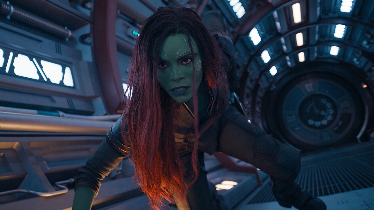 Zoe Saldana as Gamora in Marvel Studios' Guardians of the Galaxy Vol. 3. Photo courtesy of Marvel Studios. © 2023 MARVEL.	