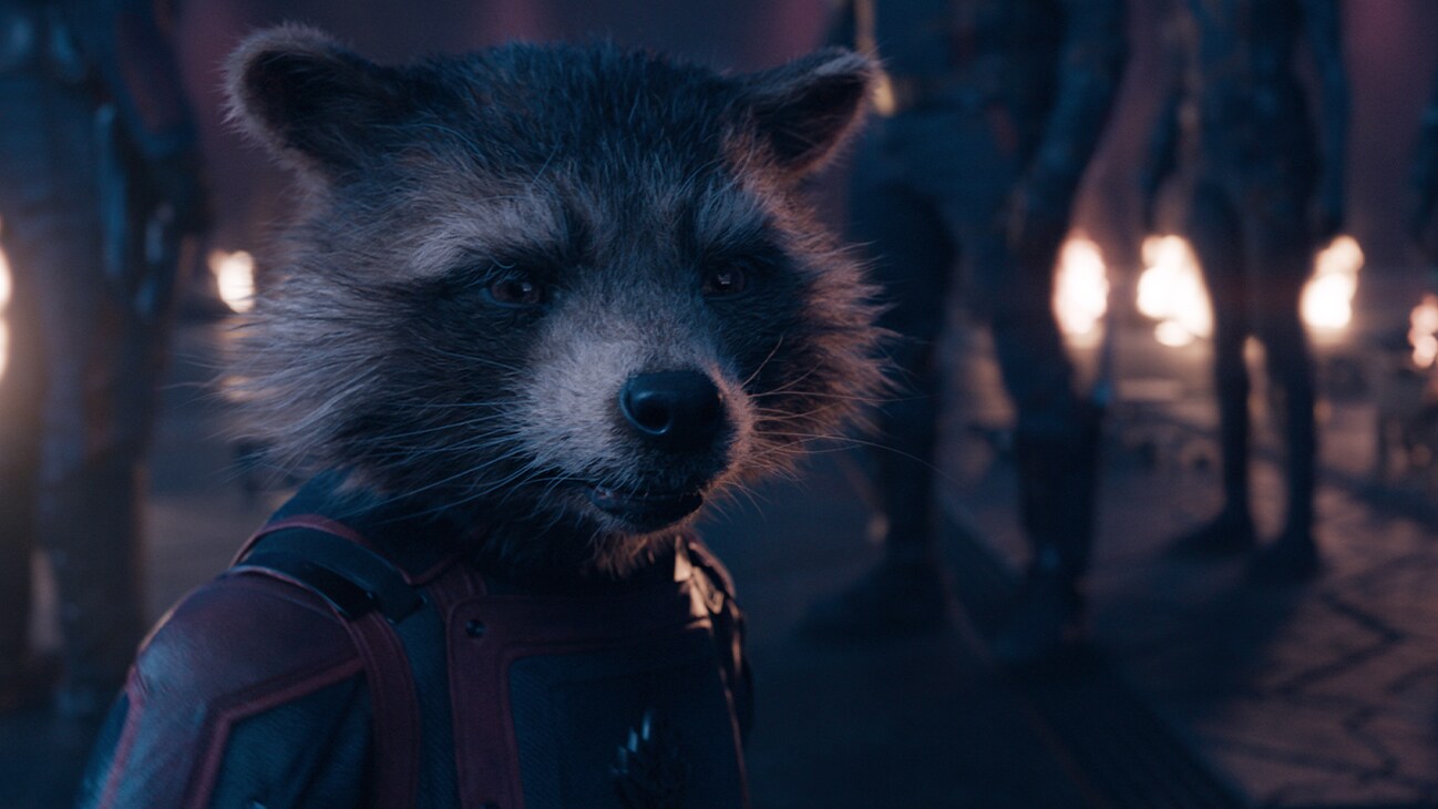 Rocket (voiced by Bradley Cooper) in Marvel Studios' Guardians of the Galaxy Vol. 3. Photo courtesy of Marvel Studios. © 2023 MARVEL.	