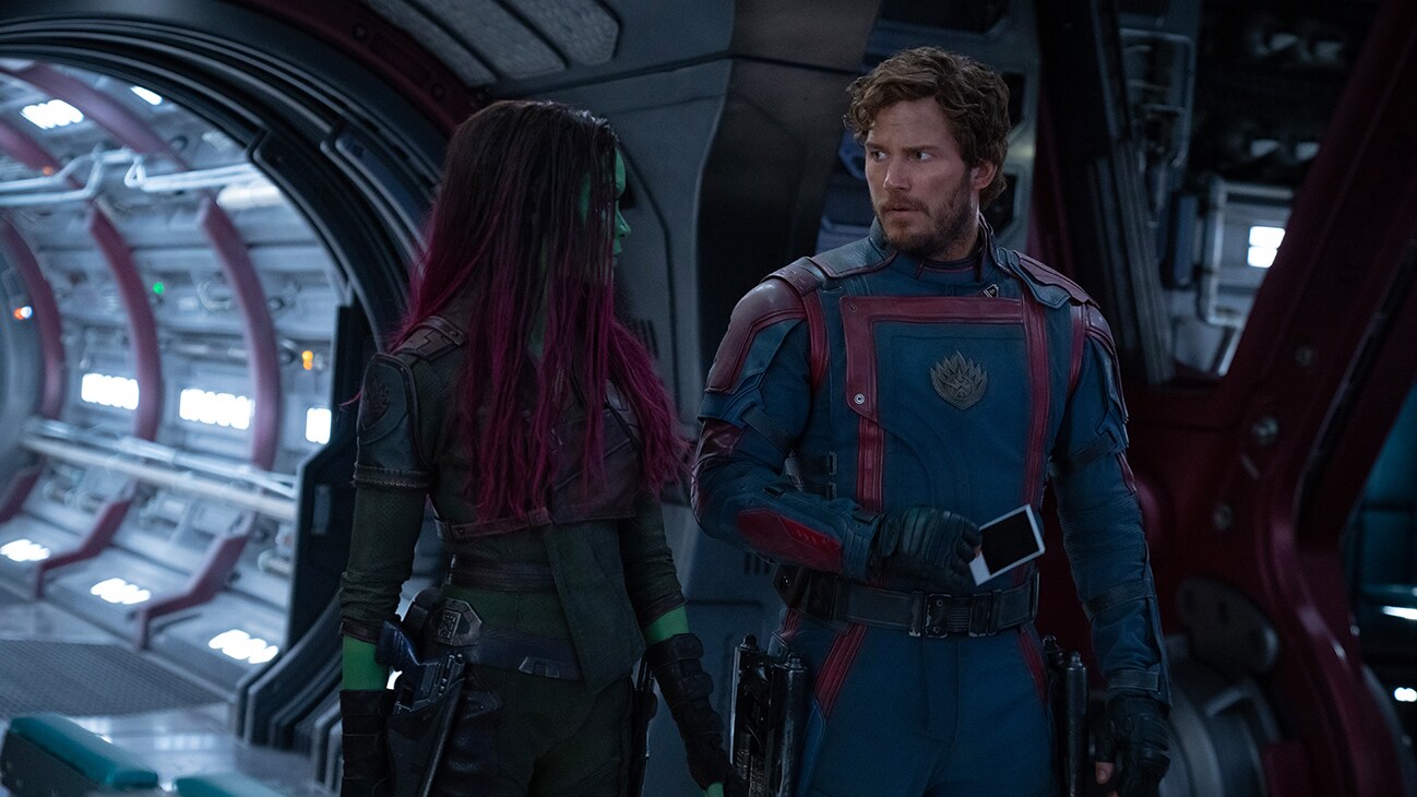 (L-R): Zoe Saldana as Gamora and Chris Pratt as Peter Quill/Star-Lord in Marvel Studios' Guardians of the Galaxy Vol. 3. Photo by Jessica Miglio. © 2022 MARVEL.	