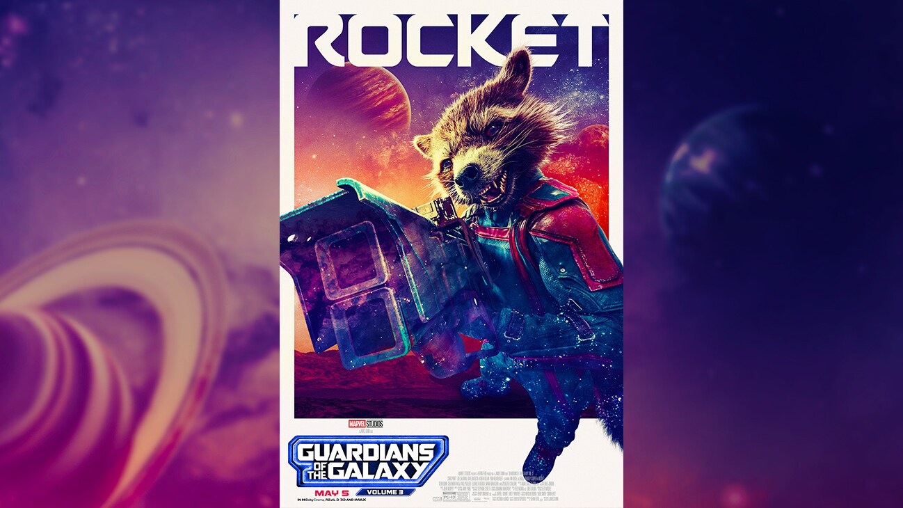 Rocket | Marvel Studios' Guardians of the Galaxy Vol. 3 | May 5 | Rated PG-13 | movie poster