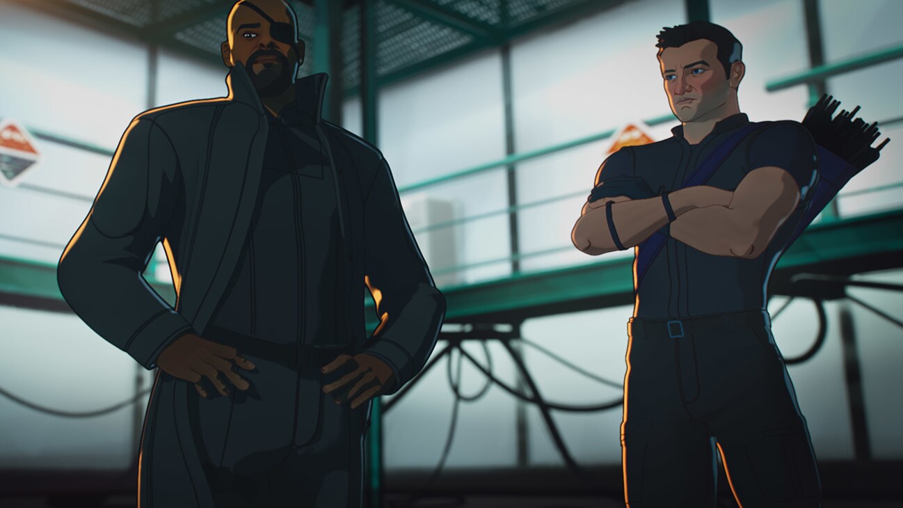 Nick Fury and Hawkeye in Marvel Studios' What If...?, exclusively on Disney+.