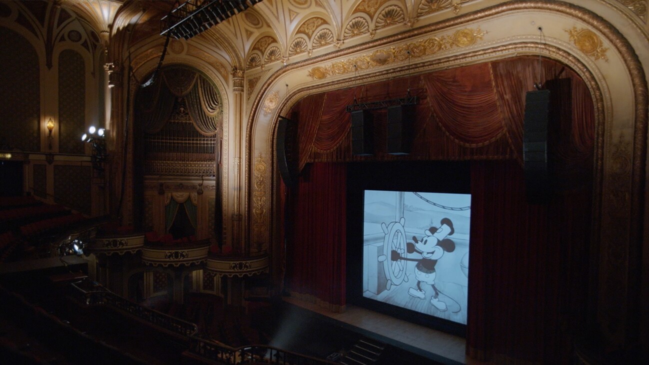 Steamboat Willie plays on the big screen. (Credit: Mortimer Productions)