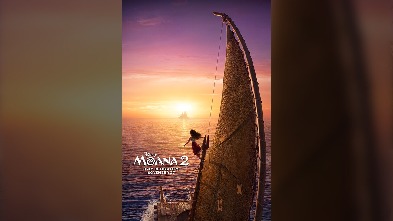 Image of Moana on a boat holding on to a large sail from the Disney movie, "Moana 2." | Disney | Moana 2 | Only in theaters November 27 | movie poster
