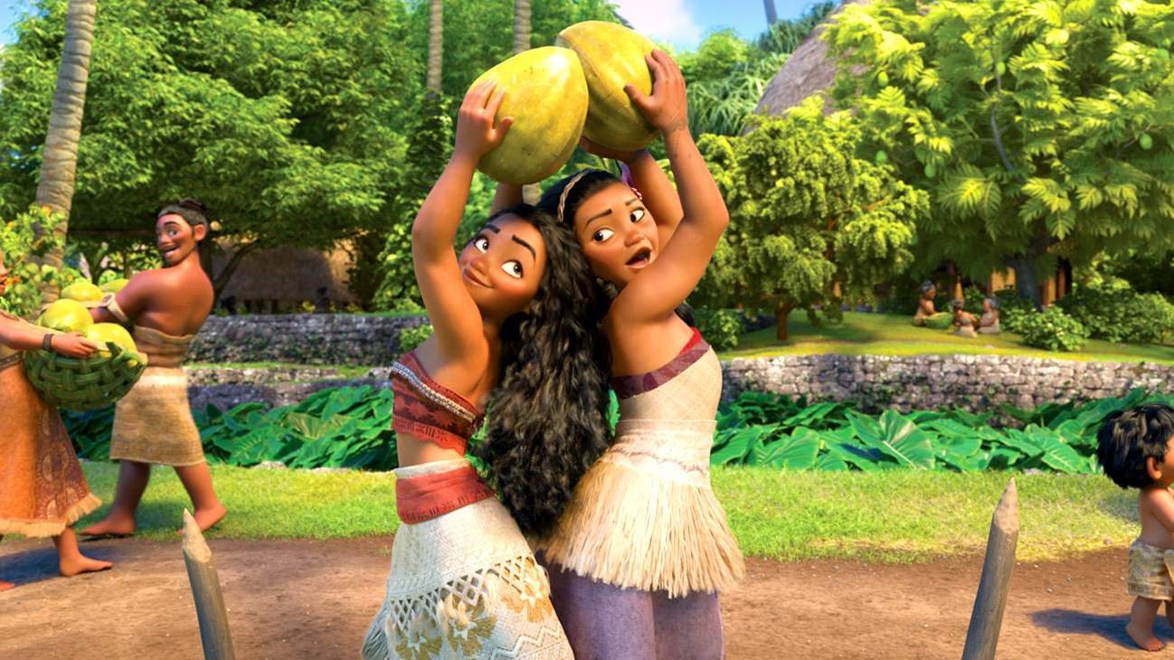 Moana and her mom, Sina, picking coconuts on their island.