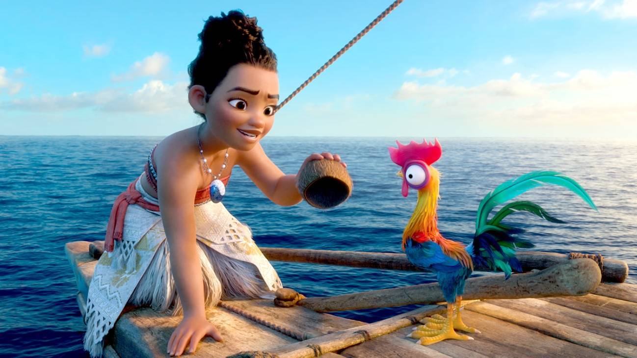 Moana and Hei Hei at sea.