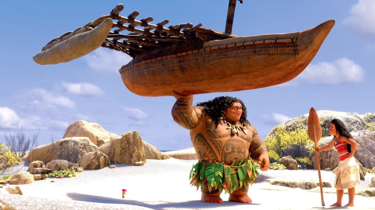 Moana trying to convince Maui to help her restore the heart of Te Fiti.
