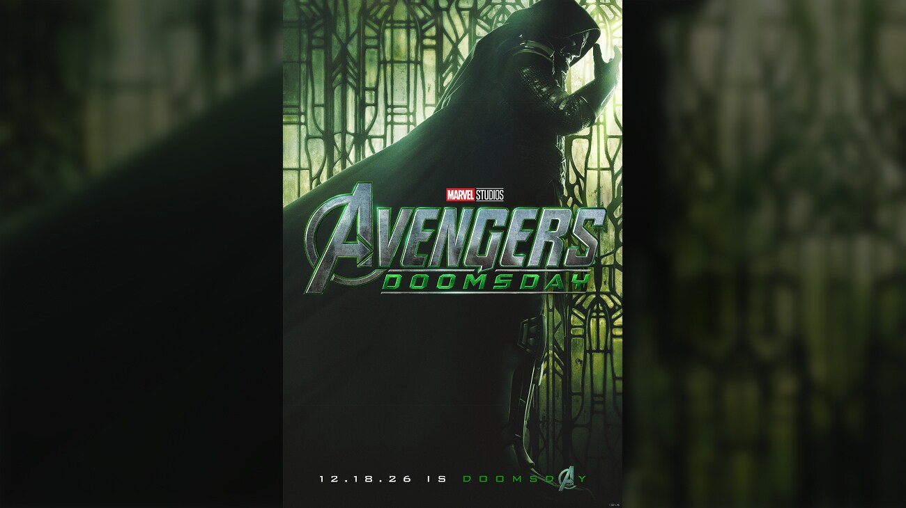 Official Avengers Doomsday poster showing a hooded Doctor Doom against green stained glass