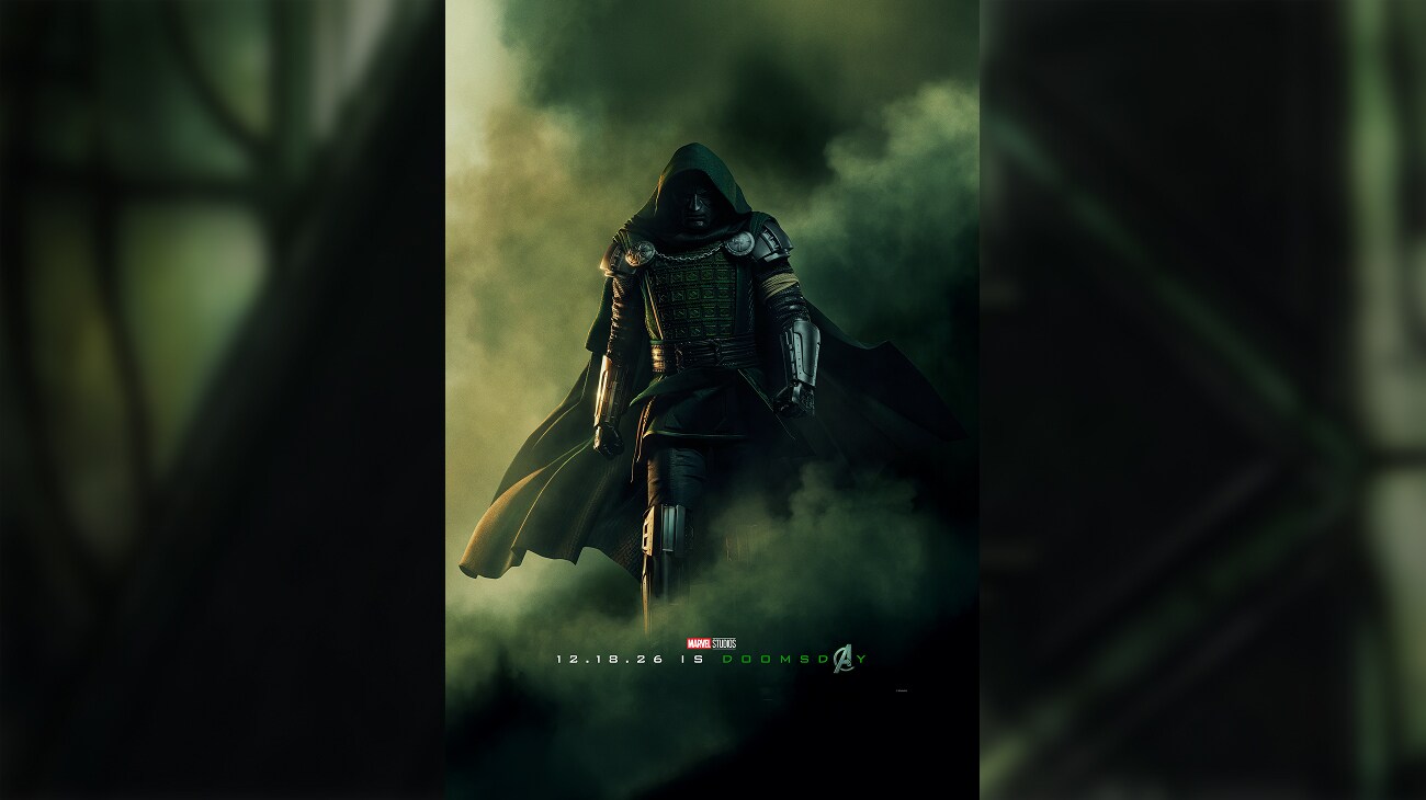 Poster for Marvel Studios' "Avengers: Doomsday." A hooded, armored figure resembling Doctor Doom stands cloaked in green mist, face obscured in shadow. Text reads "12.18.26 IS DOOMSDAY" with the Marvel Studios logo and a stylized Avengers "A" icon.