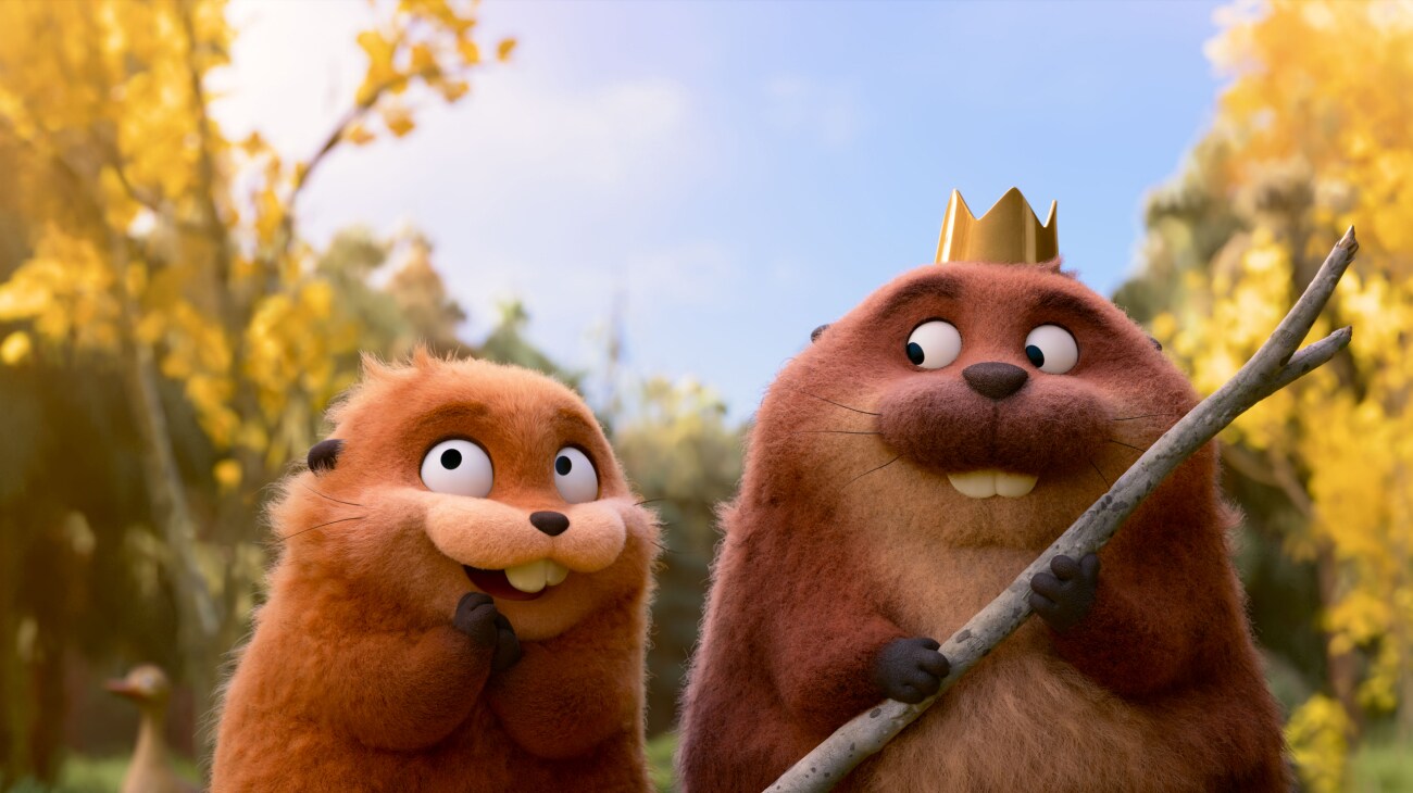 Illustrated still image of King George (voice of Bobby Moynihan) with another beaver. in the Disney•Pixar movie "Hoppers."
