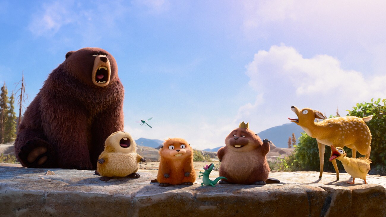 (L-R): Ellen Bear (voice of Melissa Villaseñor), Dragonfly, Loaf (voice of Eduardo Franco), Mabel Beaver (voice of Piper Curda), Tom Lizard (voice of Tom Law), King George (voice of Bobby Moynihan), Lucy Deer, and Barbara Duck in Disney and Pixar’s “Hoppers,” releasing in U.S. theaters March 6, 2026.