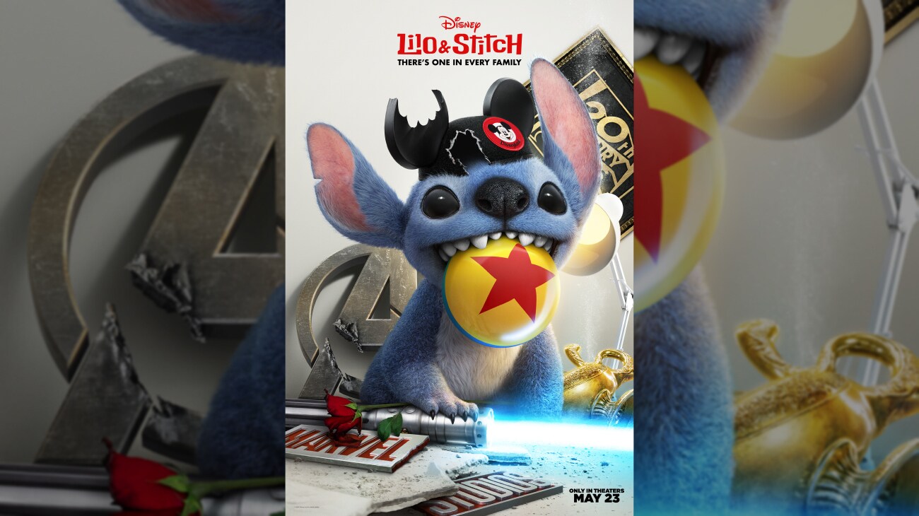 Image of Stitch wearing Mickey Mouse ears (one ear has a bite taken out of it) and holding the Pixar "Star" ball in his teeth. His hand is resting on a lightsaber. There is an "Avengers" logo, a 20th Century Studios logo, and a genie lamp in the background. | There's one in every family | Disney | Lilo & Stitch | Only in theaters May 23 | movie poster