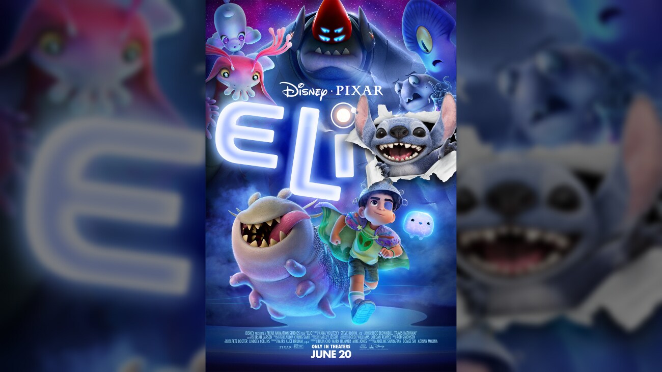 A poster for the movie "Elio," featuring Elio surrounded by various creatures. Stitch from the movie "Lilo and Stitch" appears through the letter O in the "Elio" logo.