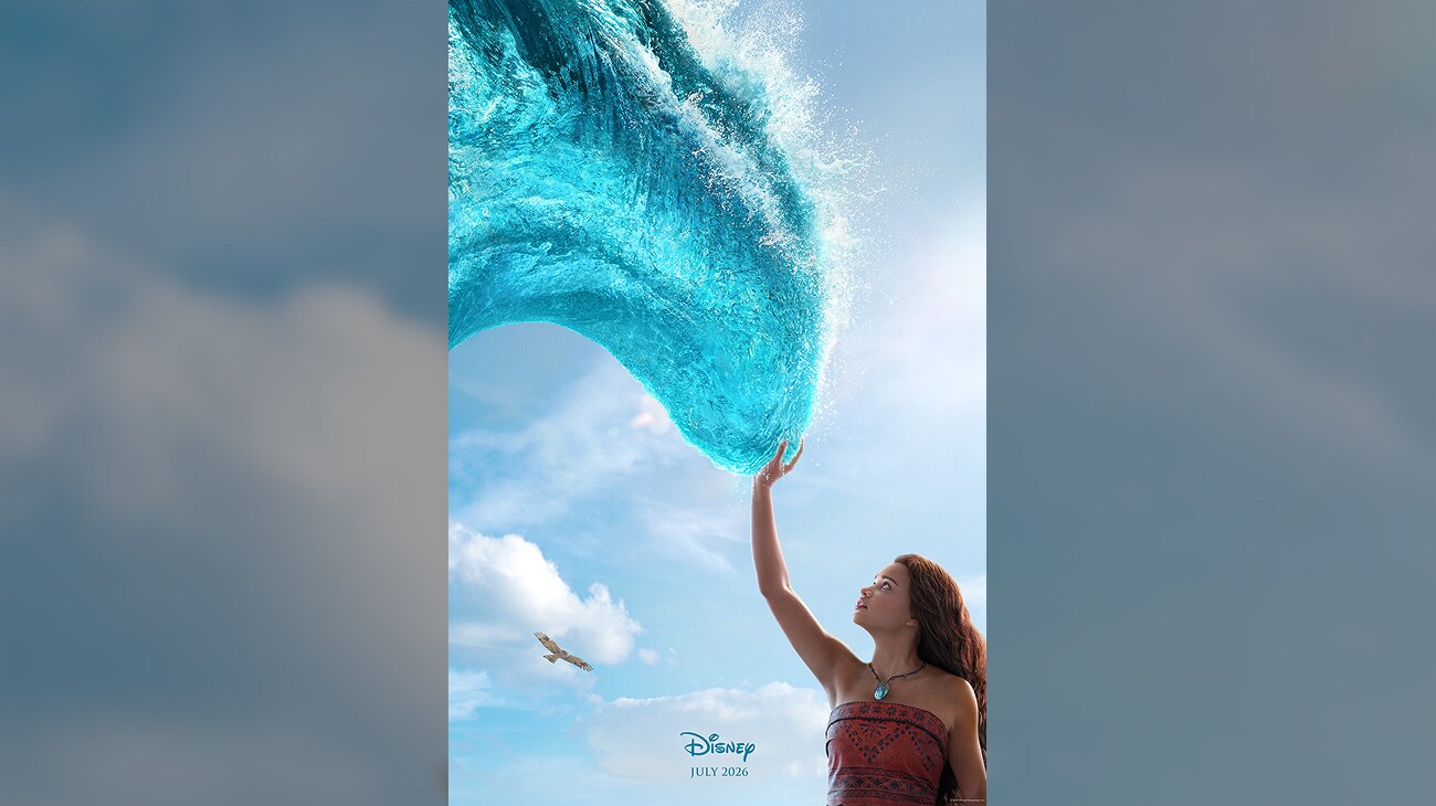 image of Moana (actor Catherine Laga'aia) touching a wave in Disney's live-action movie, "Moana." | Disney | 2026 | movie poster