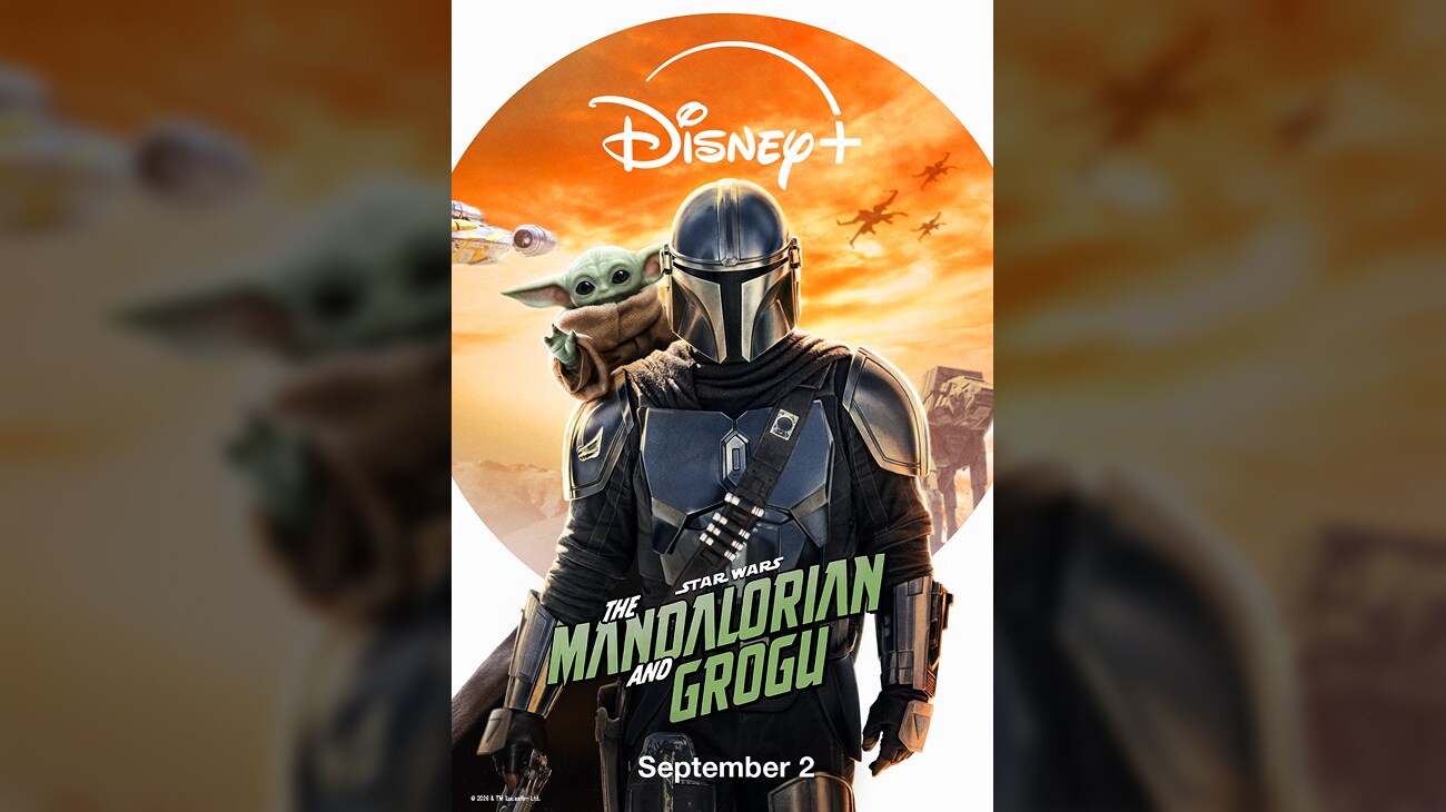 Image of The Mandalorian with Grogu on his shoulder. The Razor Crest, X-wing fighters, and an Imperial walker are in the background. | Disney+ | Star Wars: The Mandalorian and Grogu | September 2 | movie poster