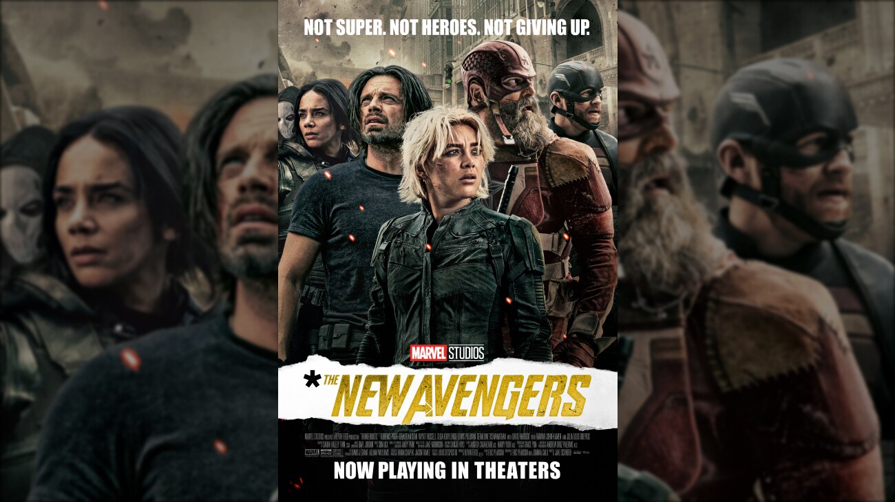 Image of Ghost (Hannah John-Kamen), Taskmaster (Olga Kurylenko), John Walker (Wyatt Russell), Bucky Barnes (Sebastian Stan), Alexei Shostakov/Red Guardian (David Harbour), Valentina Allegra de Fontaine (Julia Louis-Dreyfus), and Yelena Belova (Florence Pugh) sitting at a round table with an asterisk painted on its top. All but Valentina Allegra de Fontaine are pointing weapons at the person directly across from him or her. From the Marvel Studios movie, "Thunderbolts*." | In theaters May 2 | Rated PG-13 | movie poster