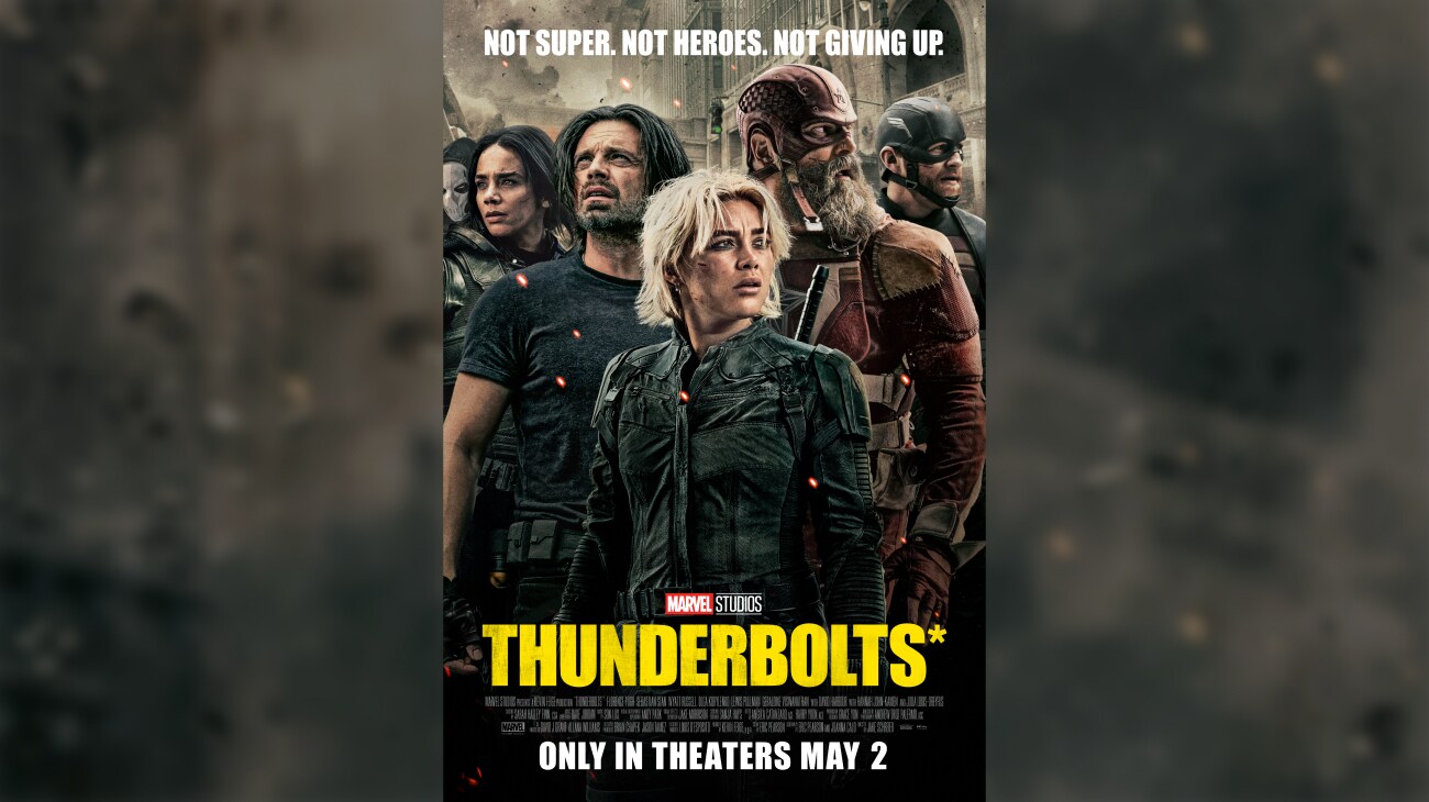 Image of Ghost (Hannah John-Kamen), Taskmaster (Olga Kurylenko), John Walker (Wyatt Russell), Bucky Barnes (Sebastian Stan), Alexei Shostakov/Red Guardian (David Harbour), Yelena Belova (Florence Pugh). | Not super. Not heroes. Not giving up. | Marvel Studios | "Thunderbolts." | Only in theaters May 2 | movie poster