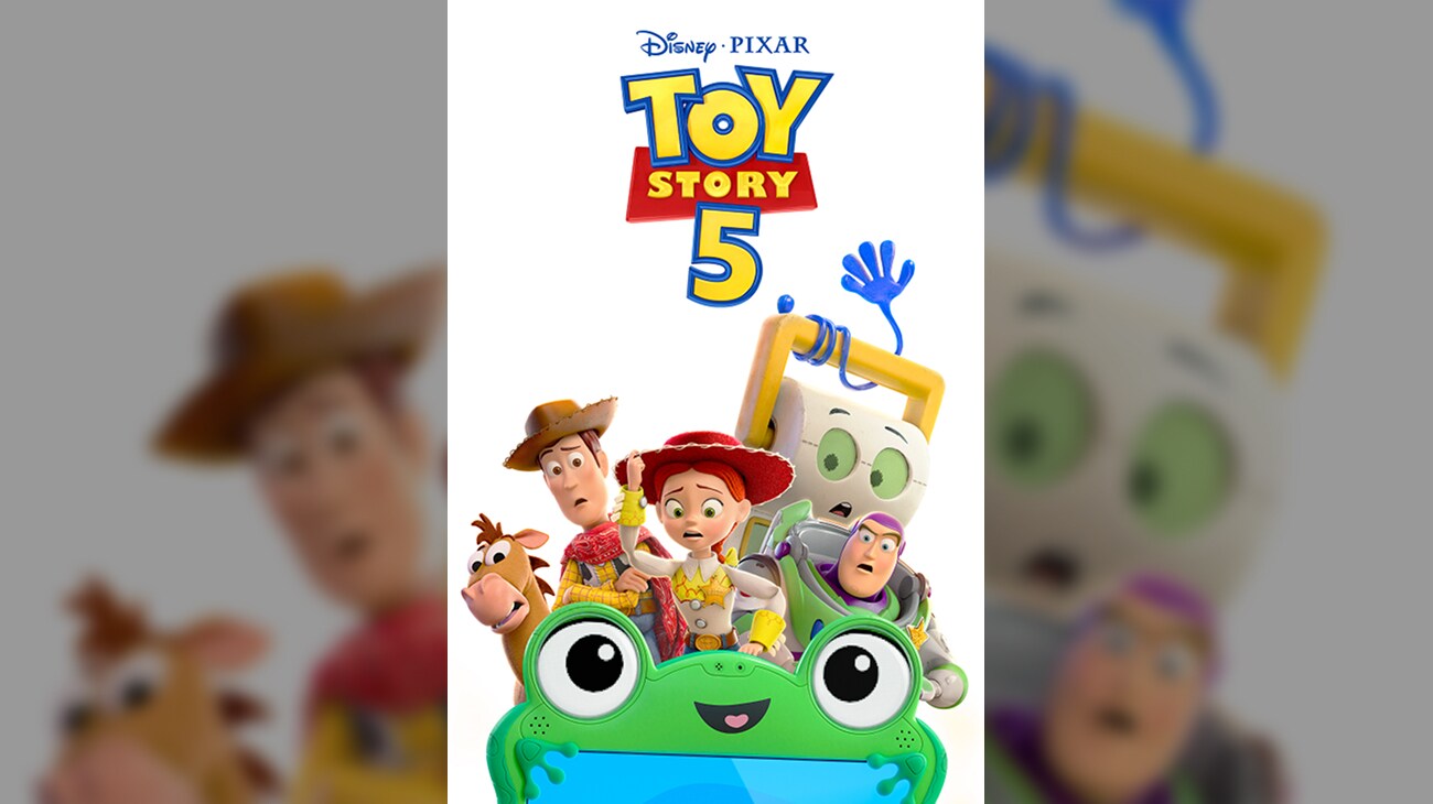 Image of Woody, Jessie, Buzz Lightyear, and several other characters standing behind the Lilly Pad tablet with looks of concern. | Disney•Pixar | Toy Story 5 | movie poster