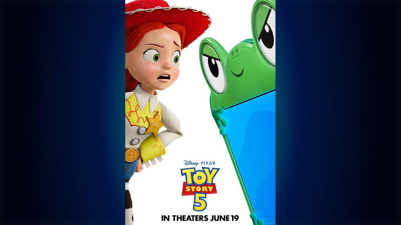 Image of Jesse (actor Joan Cusack) with a concerned look staring at Lilypad (actor Greta Lee.) | Disney•Pixar | Toy Story 5 | In theaters June 19
