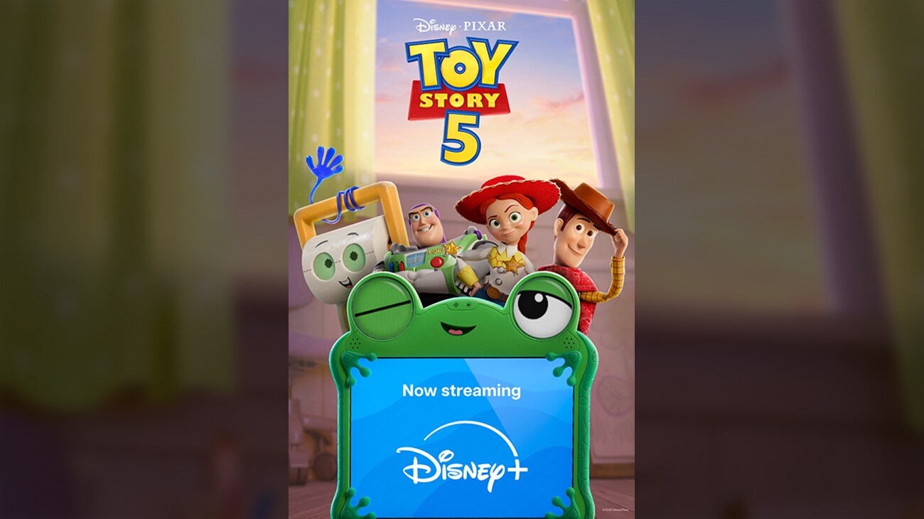 Image of Smarty Pants, Buzz Lightyear, Jessie, and Woody standing behind Lilypad from the Disney•Pixar movie "Toy Story 5." | Now streaming | Disney+ | movie poster