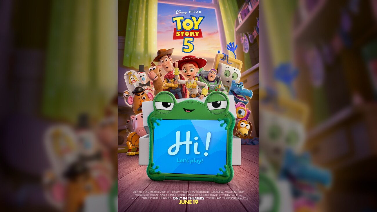 Image of a tablet with a frog cover displaying the words "Hi! Let's play!"  Woody, Jessie, Buzz Lightyear, and several other characters are behind the tablet with looks of concern. | Disney•Pixar | Toy Story 5 | Only in theaters June 19 | movie poster