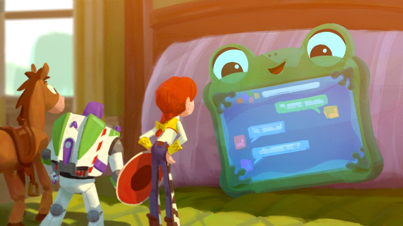 Concept art of Bullseye, Buzz Lightyear, Jessie, and Lily Pad from the movie "Toy Story 5."