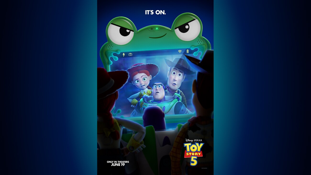Image of a Buzz, Woody, and Jessie looking at their image on a tablet screen with a frog cover. | It's on | Disney•Pixar | Toy Story 5 | Only in theaters June 19 | movie poster