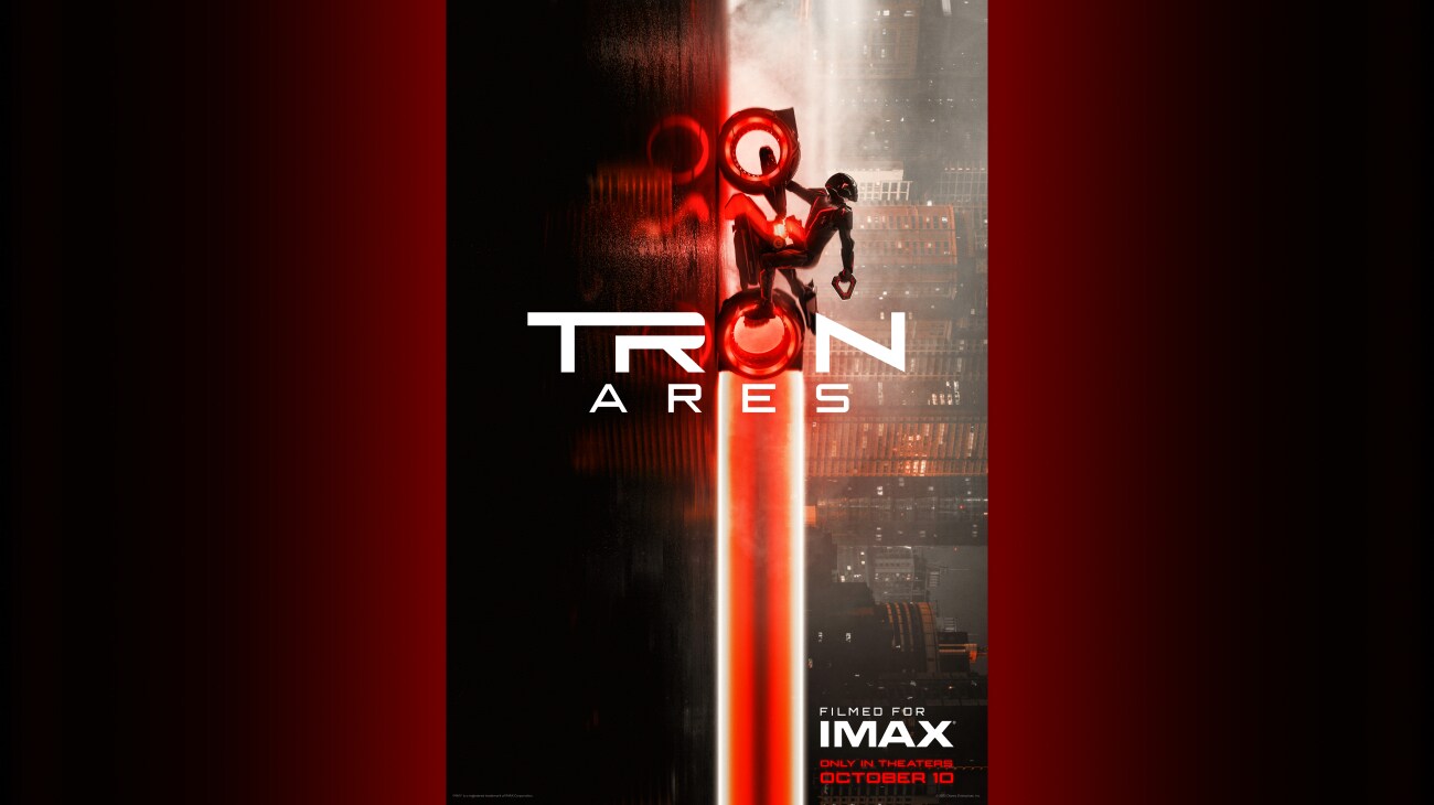 Image of an individual riding a light cycle vertically through a city. | Tron: Ares | Filmed for IMAX | Only in theaters October 10 | movie poster
