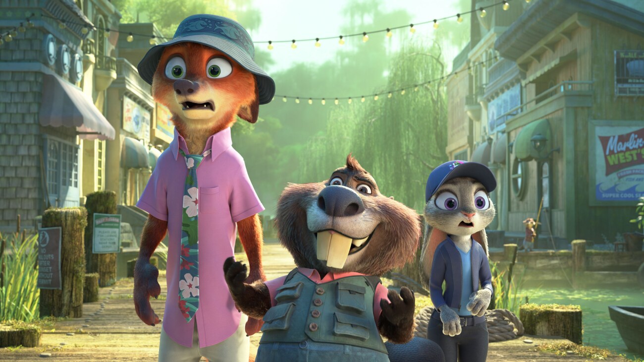 Nick Wilde, Nibbles, and Judy Hopps stand in a street lined by buildings.