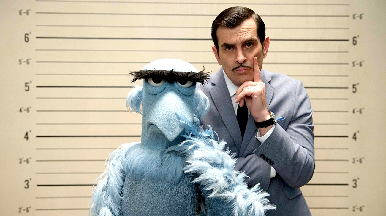 Sam Eagle and Ty Burrell in "Muppets Most Wanted"