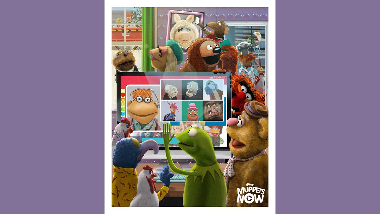 Image of Gonzo, Kermit the Frog, Fozzie Bear, Animal, Scooter, Miss Piggy, Rowlf the Dog, and several other characters from the Disney+ Original series "Muppets Now".