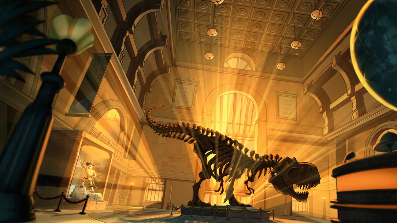 An animated image of a skeleton of a Tyrannosaurus Rex at the center of a museum from the Disney+ Original movie, "Night at the Museum: Kahmunrah Rises Again." 