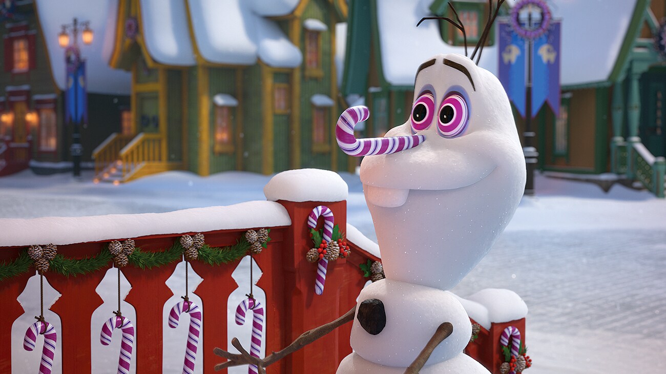 Olaf with a candy cane nose in "Olaf's Frozen Adventure"