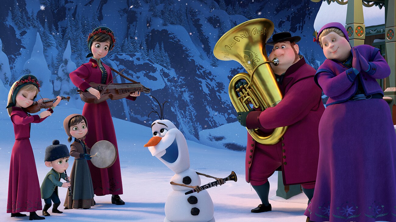 Olaf with a group of musicians in "Olaf's Frozen Adventure"