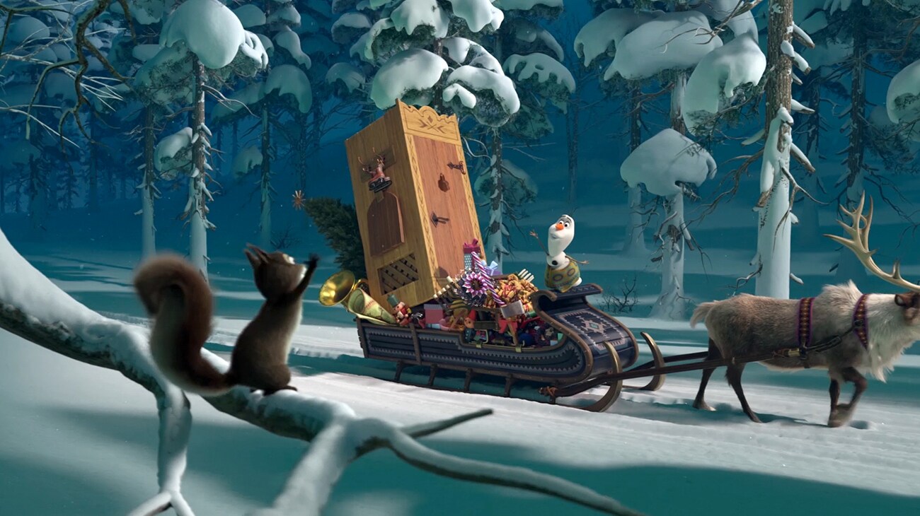 Olaf and Kristoff on sleigh in "Olaf's Frozen Adventure"