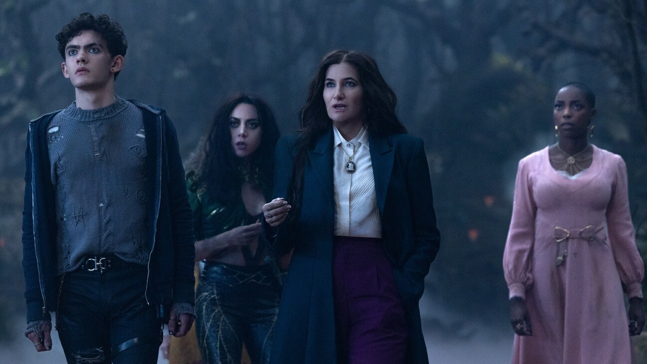 (L-R): Teen (Joe Locke), The Green Witch/Rio Vidal (Aubrey Plaza), Agatha Harkness (Kathryn Hahn) and Jennifer Kale (Sasheer Zamata) in Marvel Television's AGATHA ALL ALONG, exclusively on Disney+. Photo by Chuck Zlotnick. © 2024 MARVEL.