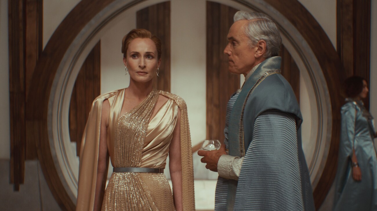 (L-R) Mon Mothma (Genevieve O'Reilly) and Tay Kolma (Ben Miles) in Lucasfilm's ANDOR Season 2, exclusively on Disney+. Photo courtesy of Lucasfilm. ©2025 Lucasfilm Ltd. & TM. All Rights Reserved.