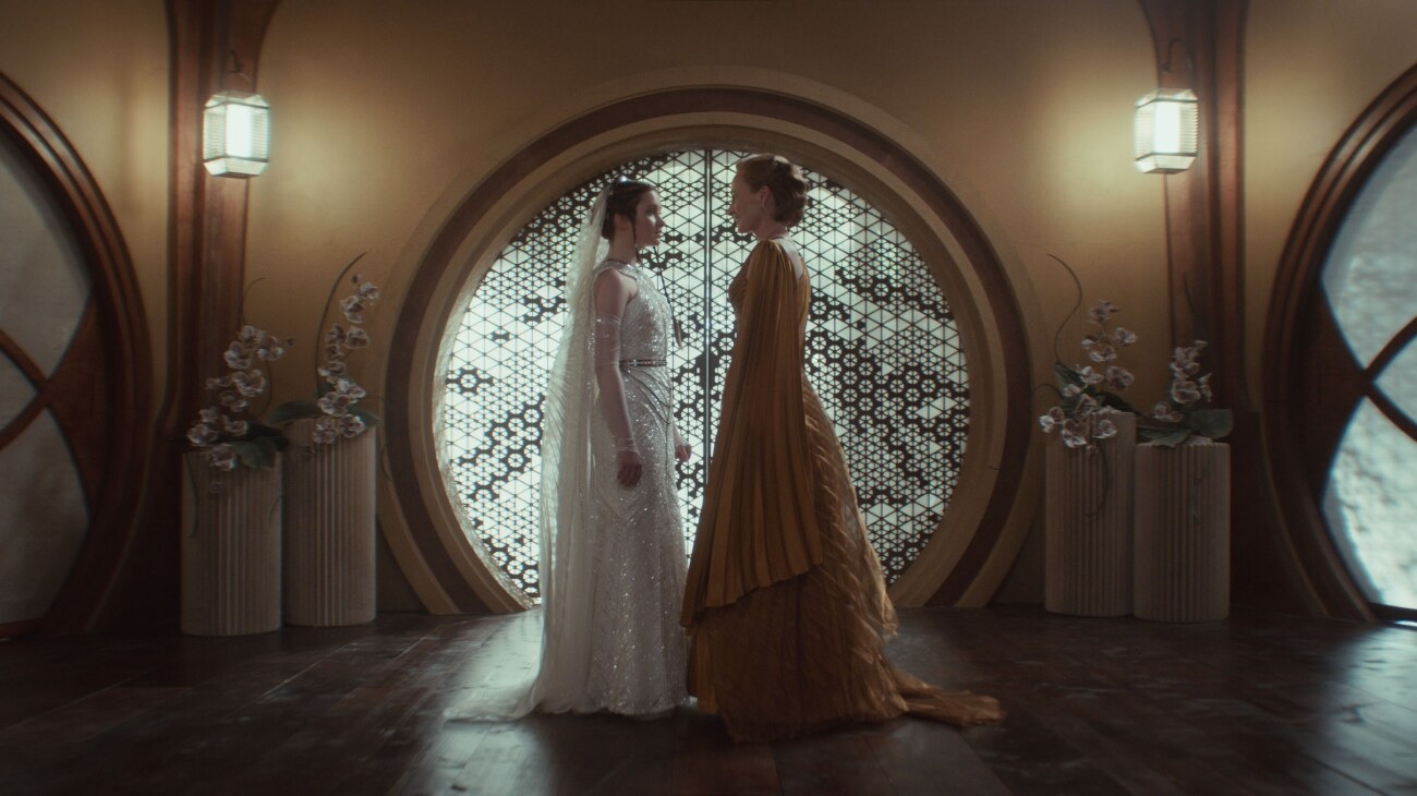 (L-R) Leida Mothma (Bronte Carmichael) and Mon Mothma (Genevieve O'Reilly) in Lucasfilm's ANDOR Season 2, exclusively on Disney+. Photo courtesy of Lucasfilm. ©2025 Lucasfilm Ltd. & TM. All Rights Reserved.