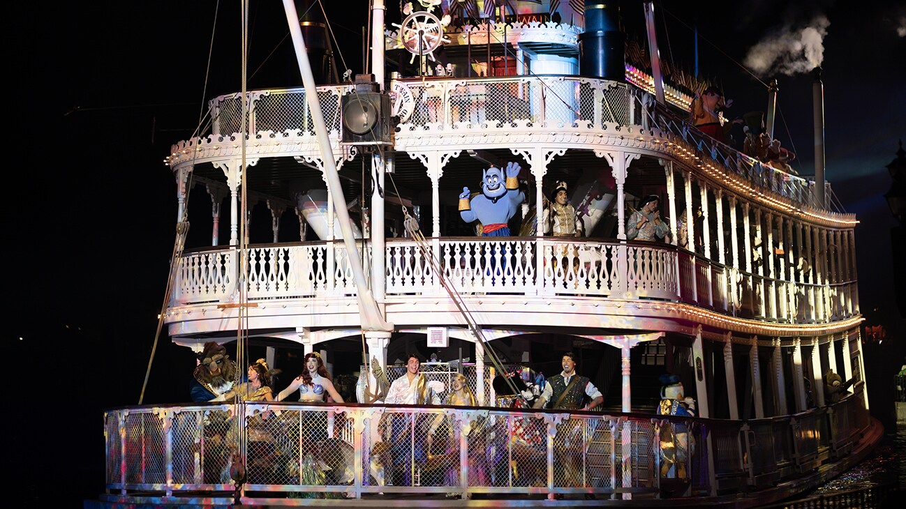 Image of the riverboat featuring several Disney characters such as Genie, Ariel, Beast, and Belle.