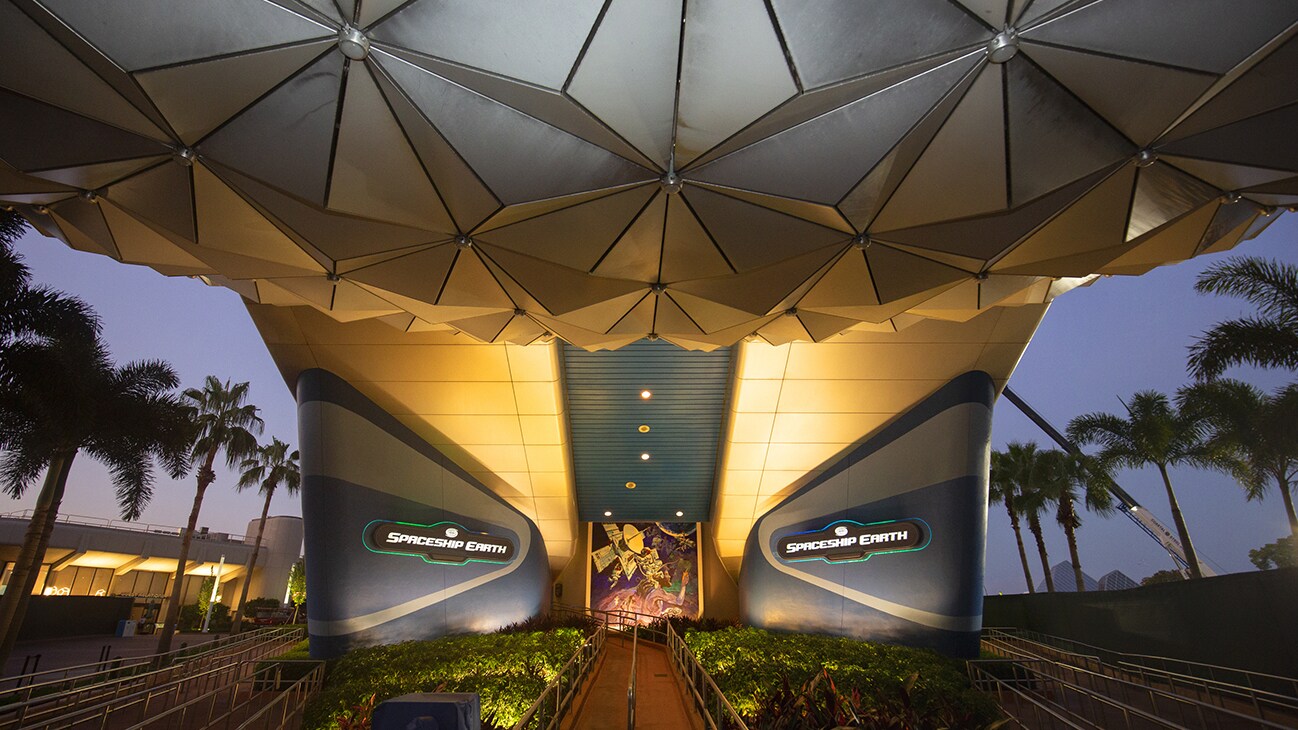 Image of the exterior of the Spaceship Earth entrance in the evening from EPCOT.