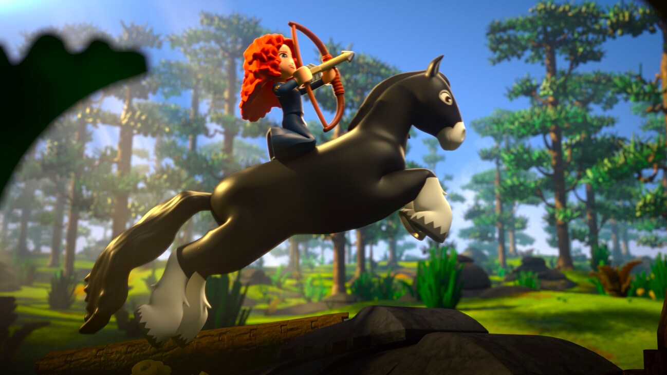 Image of the Merida LEGO Minifigure holding a bow and arrow while riding a LEGO minifigure horse from the Disney+ Original series "LEGO Pixar BrickToons."