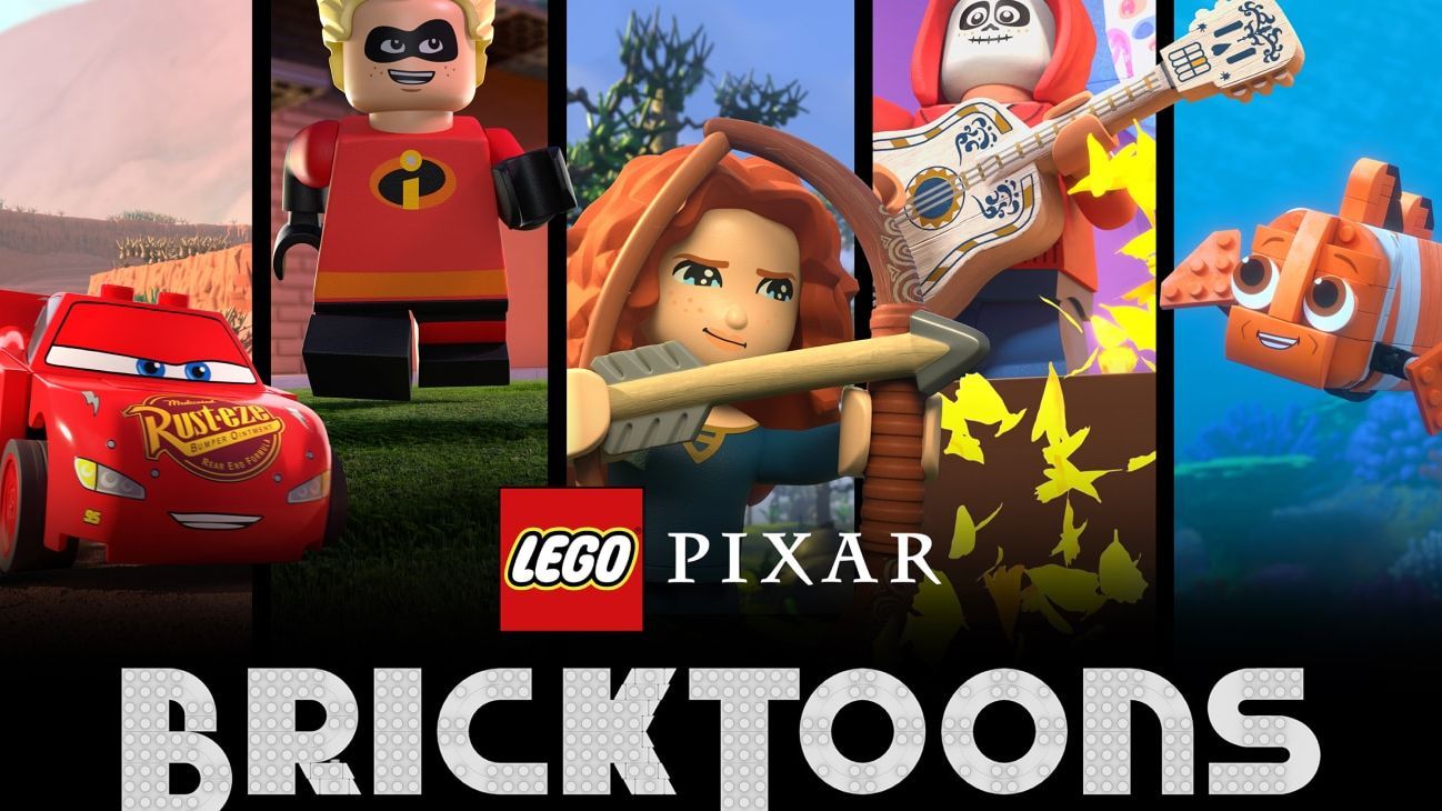 Image of the "LEGO Pixar BrickToons" logo featuring LEGO versions of Pixar characters Lightning McQueen, a character from The Incredibles, Merida, Miguel, and Nemo, from the Disney+ Original series "LEGO Pixar BrickToons."