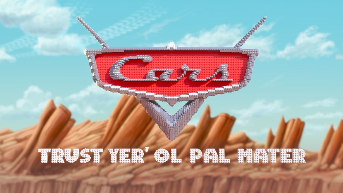 Image of the "Cars" logo and with the title "Trust Yer' Ol Pal Mater" below from the Disney+ Original series "LEGO Pixar BrickToons."