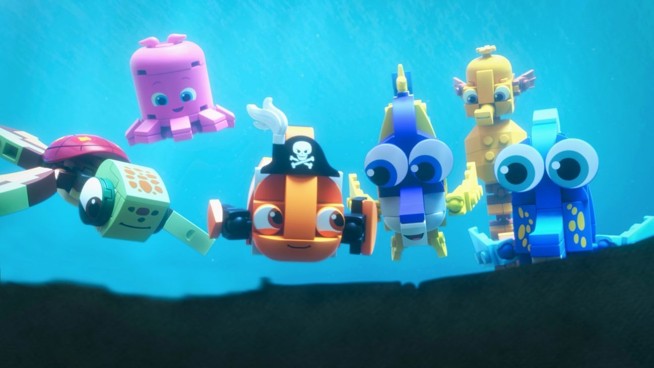 Image of several Finding Nemo LEGO Minifigures from the Disney+ Original series "LEGO Pixar BrickToons."