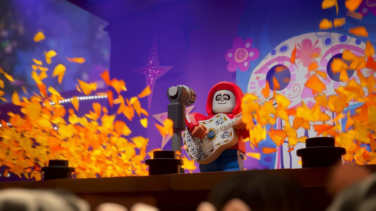 Image of the Coco LEGO Minifigure from the Disney+ Original series "LEGO Pixar BrickToons."