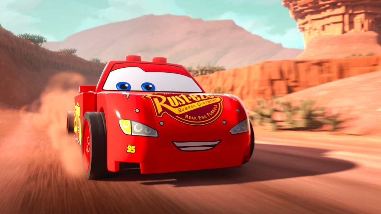 Image of the Lightnight McQueen LEGO Minifigure from the Disney+ Original series "LEGO Pixar BrickToons."